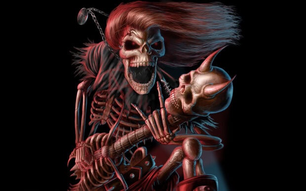 A skeleton playing a guitar shaped like a horned skull with flowing red hair in a heavy metal scene