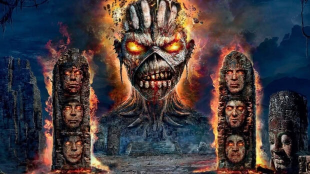 Fiery heavy metal figure with stone faces and glowing eyes in an ancient ruin setting