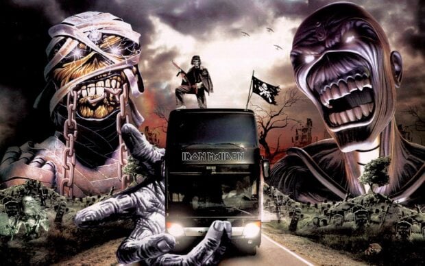 Iron Maiden themed heavy metal design with giant undead figures and a band bus on a dark road