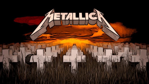 Metallica logo above graveyard at sunset with heavy metal theme