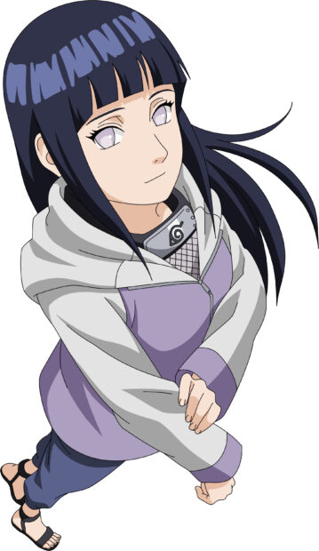Hinata Hyuga standing and looking up with her arms crossed wearing a purple and gray jacket