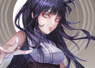 Hinata Hyuga extending her hand with fierce determination and white eyes