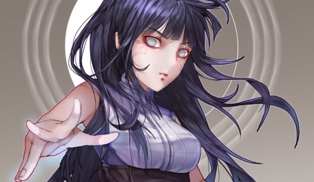 Hinata Hyuga extending her hand with fierce determination and white eyes
