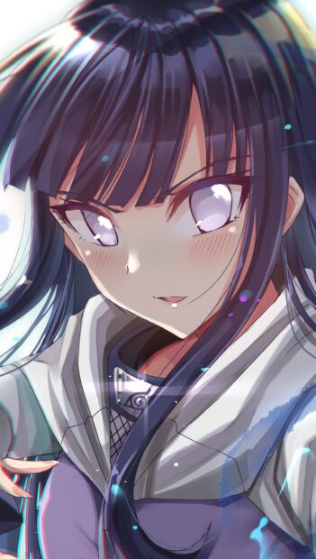 Close up of Hinata Hyuga character with long dark hair and pale eyes in anime style
