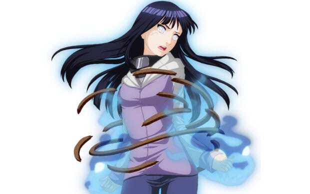 Hinata Hyuga using her defense technique with chakra beasts surrounding her in an intense moment