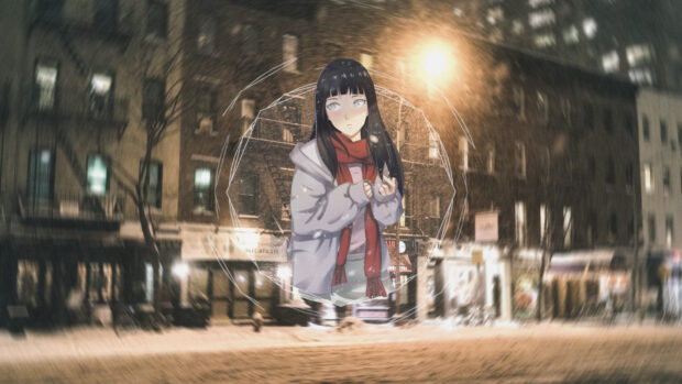 Hinata Hyuga wearing a red scarf and white jacket standing in a snowy city street at night