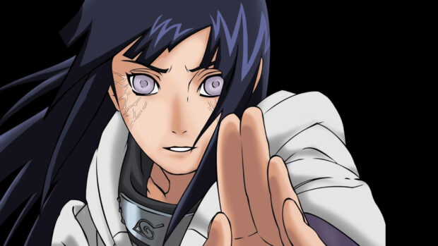 Hinata Hyuga character with pale eyes and cracked skin preparing a hand sign
