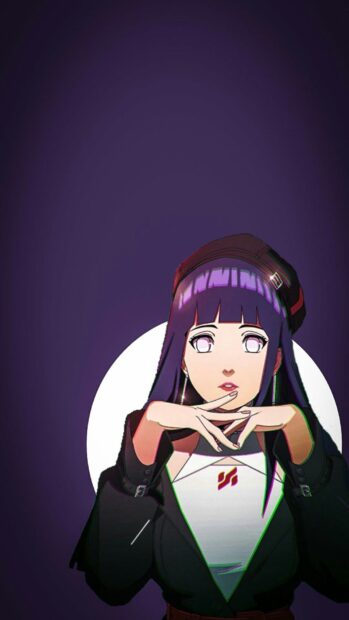Anime character Hinata Hyuga with hands near face in a dark outfit