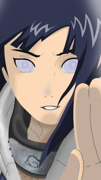 Close up of Hinata Hyuga character with white eyes preparing to attack