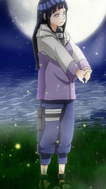 Hinata Hyuga standing on grass under the moonlight with glowing fireflies surrounding her