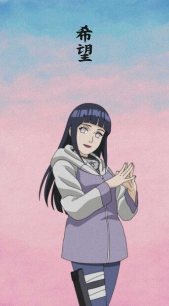 Hinata Hyuga standing with hands forming a ninja sign against a pastel sky background
