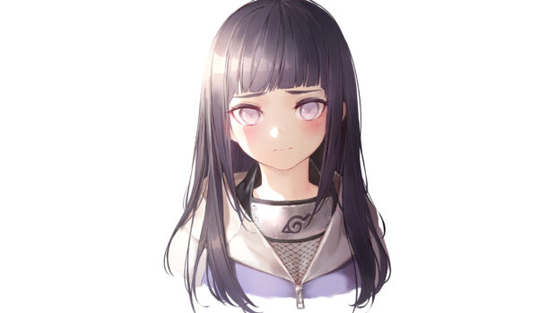 A close up of Hinata Hyuga wearing a ninja outfit and headband with long dark hair and pale eyes