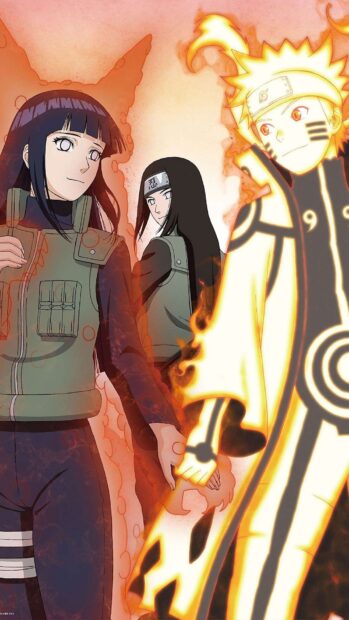 Hinata Hyuga standing with Naruto in his glowing chakra mode and Neji in the background