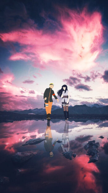 Hinata Hyuga walking beside Naruto with a pink and purple sky reflection on water