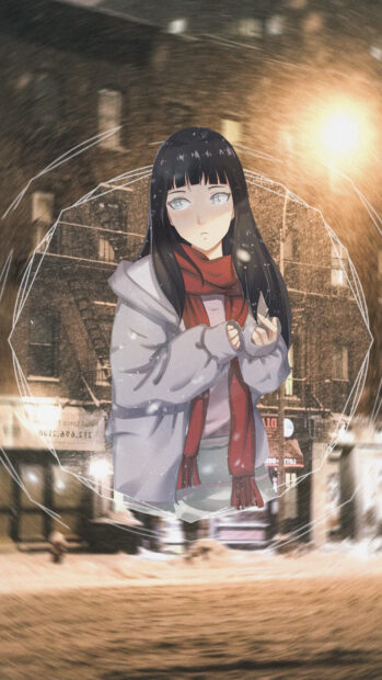 Hinata Hyuga wearing a red scarf and white jacket standing in a snowy urban street at night