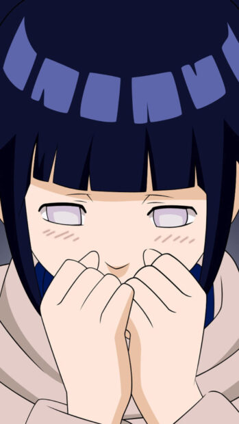 A shy Hinata Hyuga covering her face with hands and blushing gently