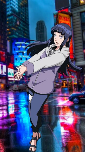 Hinata Hyuga character standing with hands extended in a city street at night displaying confidence