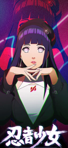 Hinata Hyuga character wearing a black jacket and hat with glowing eyes in an anime style