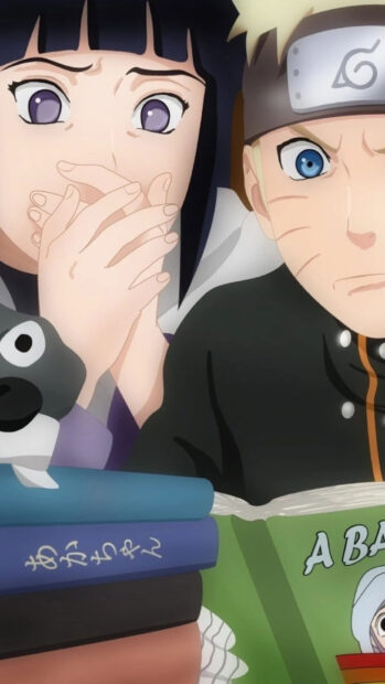 Hinata Hyuga covering her mouth with a worried expression next to Naruto reading a book
