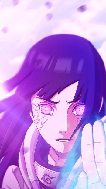 Hinata Hyuga with glowing eyes preparing a powerful jutsu with intense focus and determination