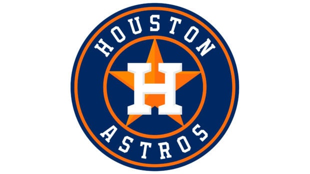 Houston Astros logo with a large white H and orange star on a navy blue circle
