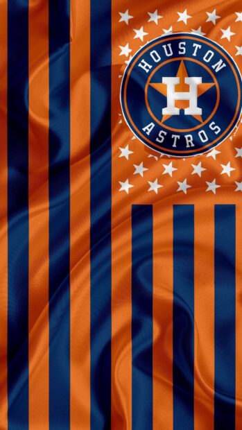 The Houston Astros logo on an orange and blue striped fabric representing Houston Astros