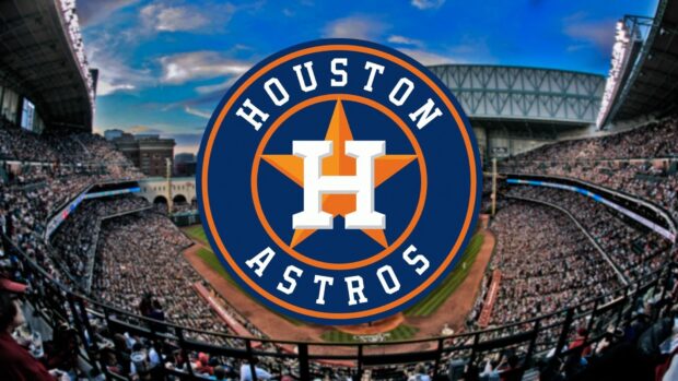 The Houston Astros logo prominently displayed over a packed baseball stadium during a clear day
