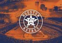 Houston Astros logo overlaying a baseball stadium filled with fans in Houston