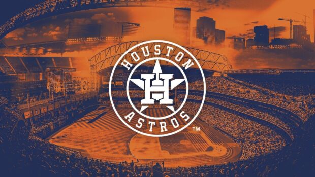 Houston Astros logo overlaying a baseball stadium filled with fans in Houston