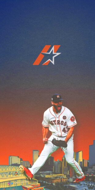 Houston Astros player celebrating with Houston city skyline in the background