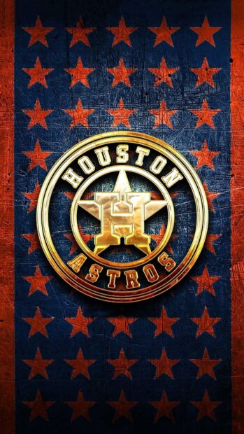 Golden Houston Astros emblem with red stars on blue background texture