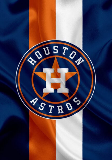 Close up of Houston Astros logo on fabric with orange white and blue stripes