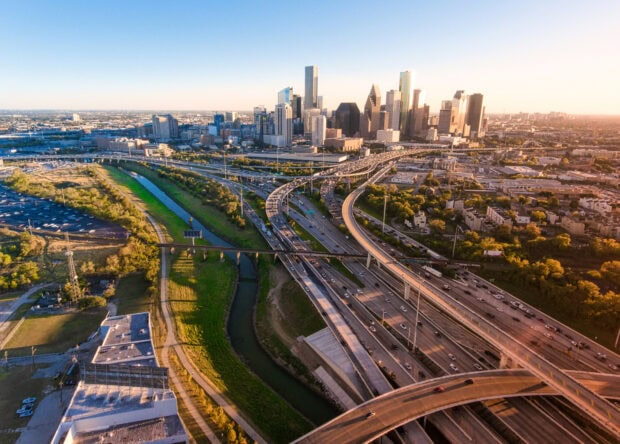 Aerial view of Houston cityscape with highways and buildings in Texas