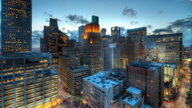 Historic buildings in Houston Texas cityscape during twilight