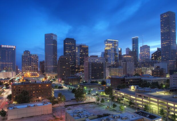 Houston city skyline at dusk with Houston Texas buildings and lights