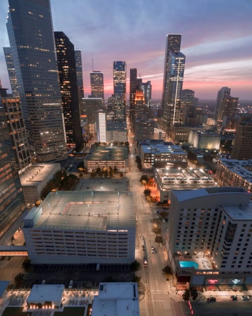 Evening cityscape with Houston skyline and Texas buildings at sunset
