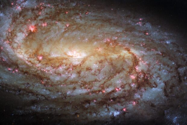 A stunning spiral galaxy captured with intricate details by Hubble revealing cosmic dust and star clusters