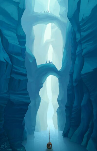 A small boat sailing through an ice cave with tall blue walls and mysterious figures on natural bridges