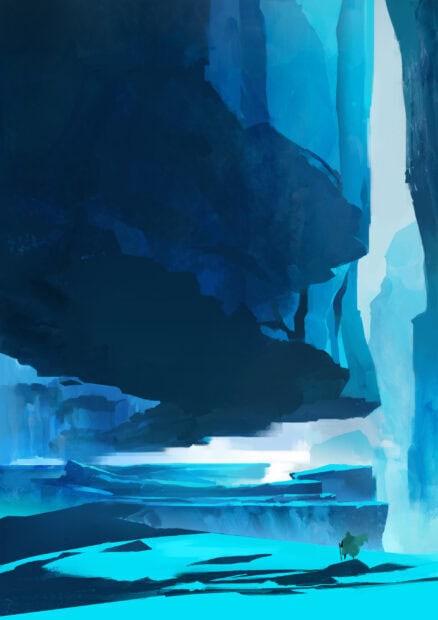 A lone traveler explores the vast ice cave with glowing blue formations and icy terrain