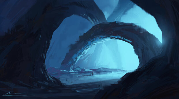 A breathtaking view of an ice cave with towering arches and glowing blue light inside the cave