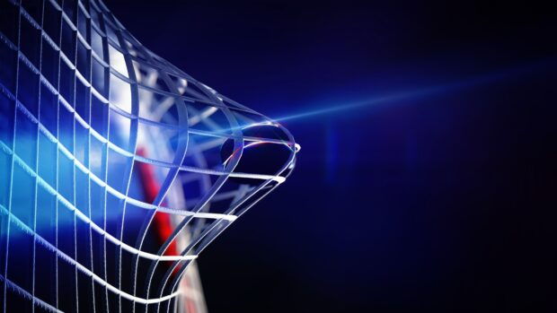 Ice hockey puck caught in the net of a hockey goal on ice