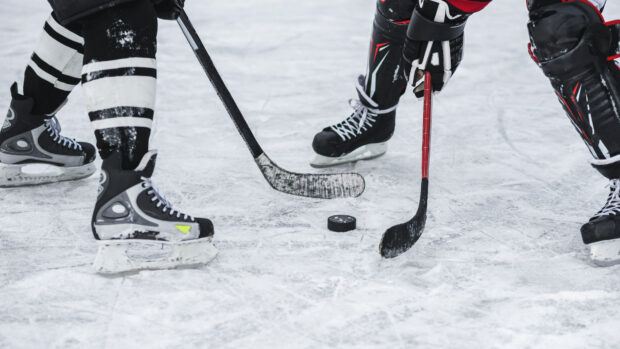 Ice hockey players compete on the ice with their sticks and a puck in a hockey game
