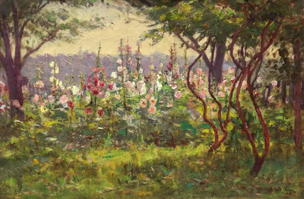 Impressionist garden with blooming hollyhocks and leafy trees in a serene landscape