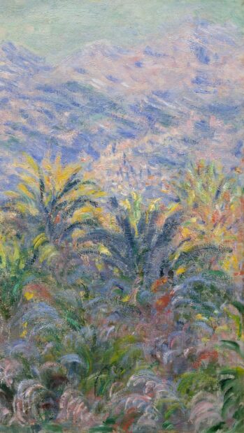 Impressionist painting of lush greenery with colorful plants in a natural landscape
