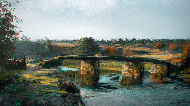Impressionist landscape with a bridge over a flowing river surrounded by trees and fields