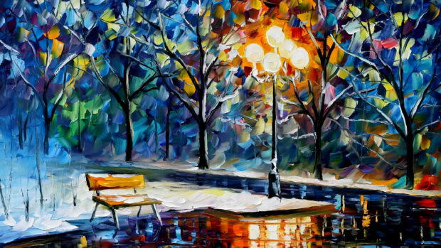 Impressionist painting of colorful trees and a bench near a reflective water surface with bright lights