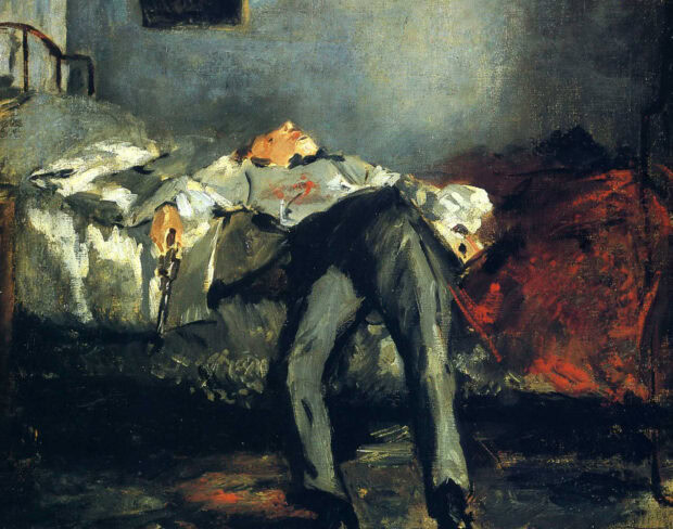 A somber impressionist painting of a man reclining in a dimly lit room with bold brushstrokes