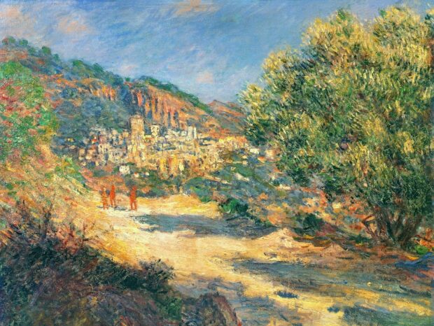 A sunlit path with trees and a distant village showcasing impressionist art style