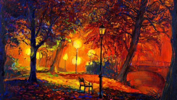 A vibrant impressionist scene of a park at night with glowing street lamps and colorful autumn trees