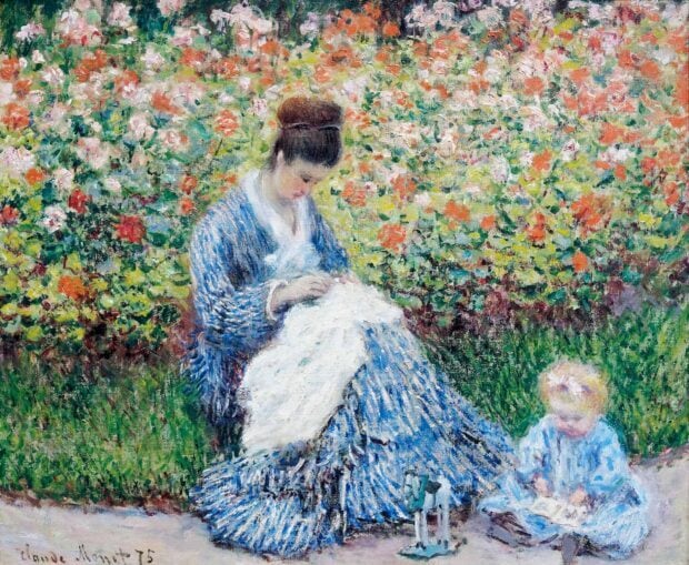 A woman sewing in a garden surrounded by colorful flowers in impressionist style